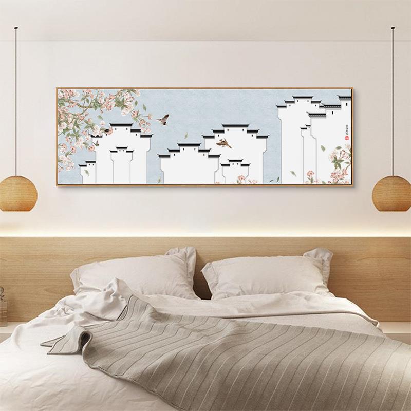 徽派建筑新中式客厅装饰画茶室沙发背景花鸟挂画卧室床头横版墙画