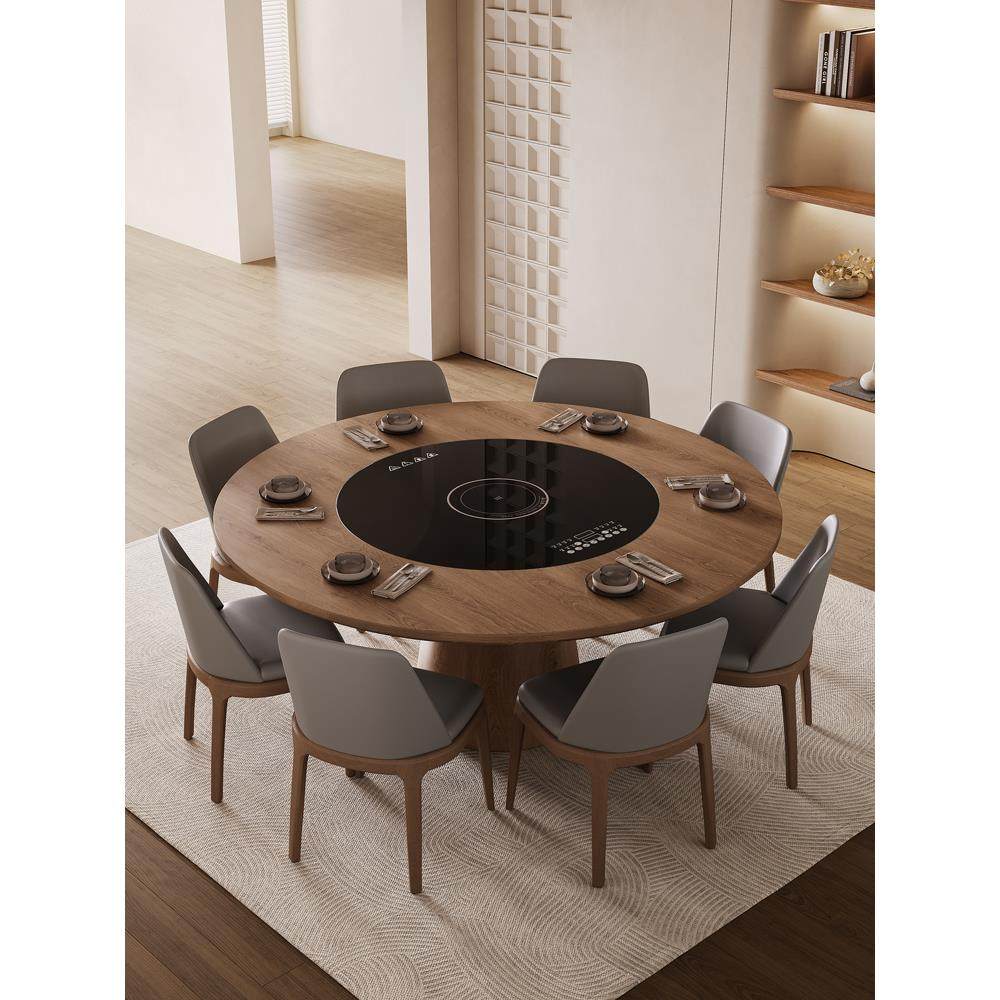 实木圆形餐桌内嵌电磁炉转盘家用小户型现代简约复古风胡桃色饭桌,住宅家具,实木餐桌,淘宝优惠券,粉丝福利购,淘宝优惠卷