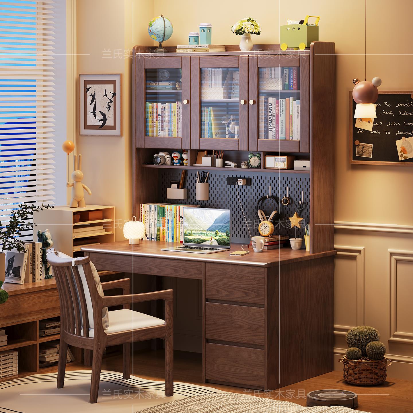 高端实木书桌书柜一体桌子书架组合儿童学习桌学生家用卧室电脑桌