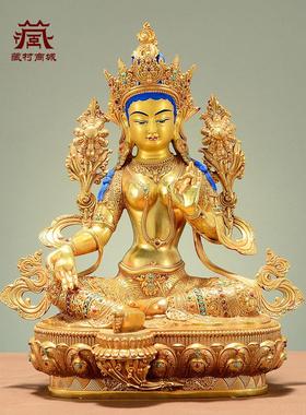藏村全鎏金《绿度母》宝石镶嵌室内家用《绿多罗观音》铜像摆件