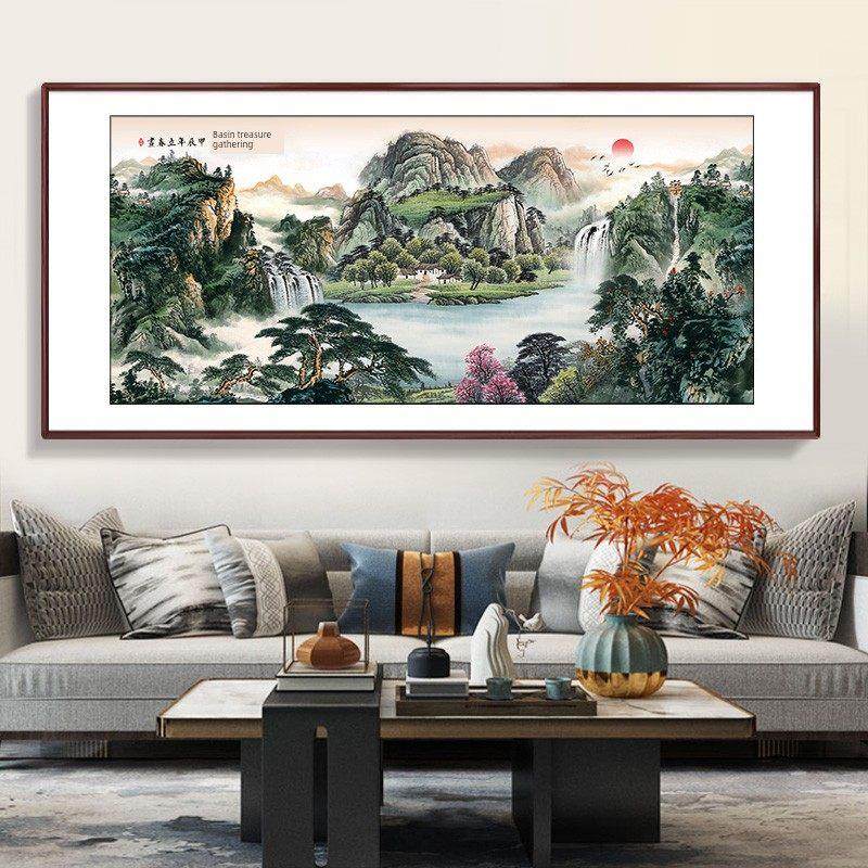 聚宝盆客厅墙面彩绘办公室装修凤山水下厅沙发背景墙郭水财书画