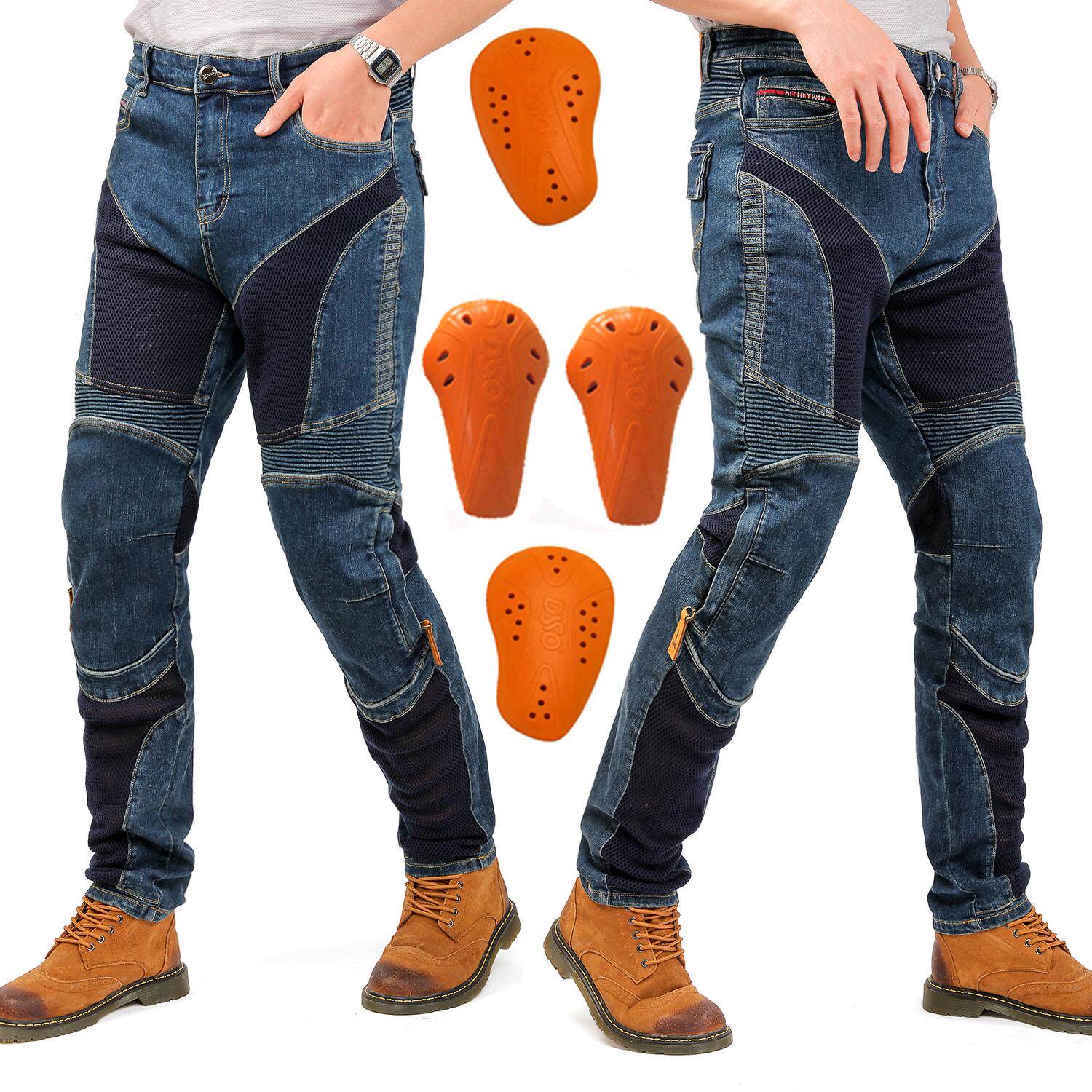 夏季网布摩托车防摔牛仔裤男弹力小脚机车网拼接透气摩托车防护裤