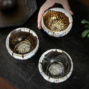 李斌志野烧24K描金主人杯柴烧功夫茶杯开片可养纯手工金盏杯单杯