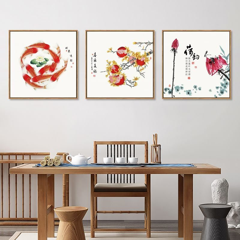 新中式九鱼图玄关装饰画进门鸿运当头年年有余荷花壁画正方形挂画图片