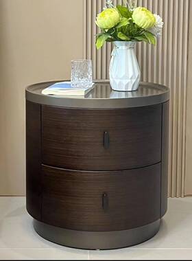 意式极简poliform烟熏色实木圆形床头柜简约现代圆柜储物柜床边柜