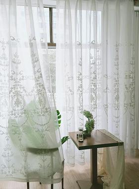 绣花纱窗纱韩白色窗帘半遮光帘滤光高档田园80936阳台飘窗客厅简
