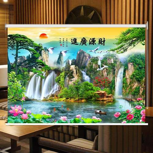 定44764制山水画热卷帘办画公室客厅卧室会议背景挂遮光隔卷室拉