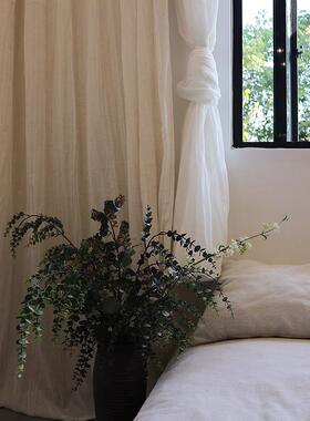 亚风格日式白色棉纱帘纱覆古客麻厅65013卧室民麻宿纱透光帘中古