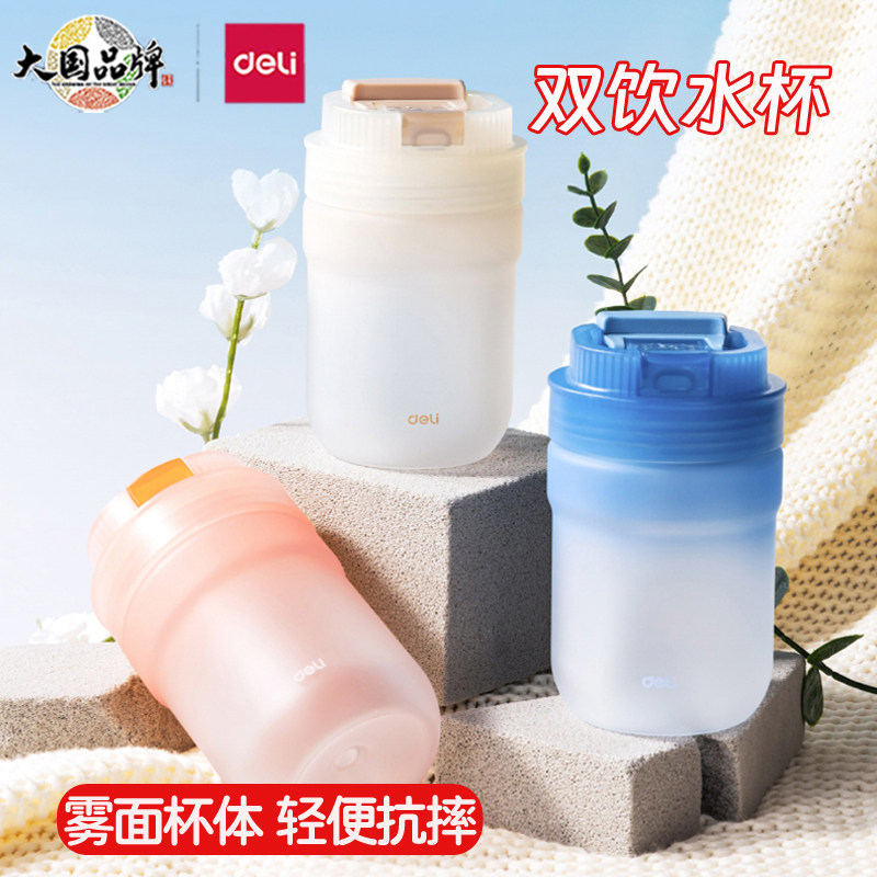 得力水杯咖啡杯便携儿童水杯学生运动随手杯子夏季防摔双饮塑料杯