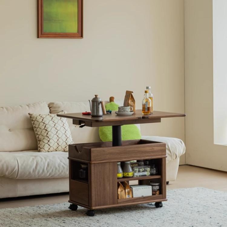 北美黑胡桃木移动茶几推车可升降折叠茶桌客厅家用中古风实木边几