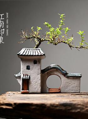 徽派建筑摆件陶瓷材质古风装饰微景观造景花盆模型客厅桌面办公室