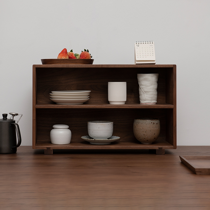 梵瀚 木质桌面置物架中古杯水杯收纳架黑胡桃木茶具杯子储物柜