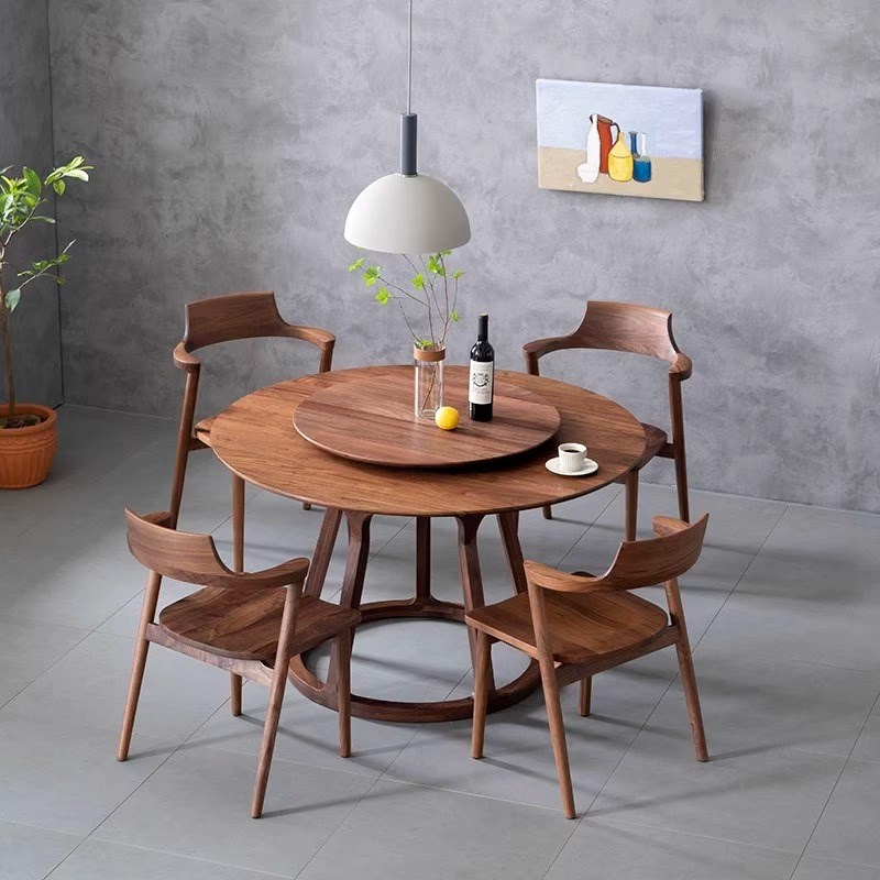 北美黑胡桃木餐桌圆形餐桌简约家用饭桌现代创意北美黑胡桃大圆桌