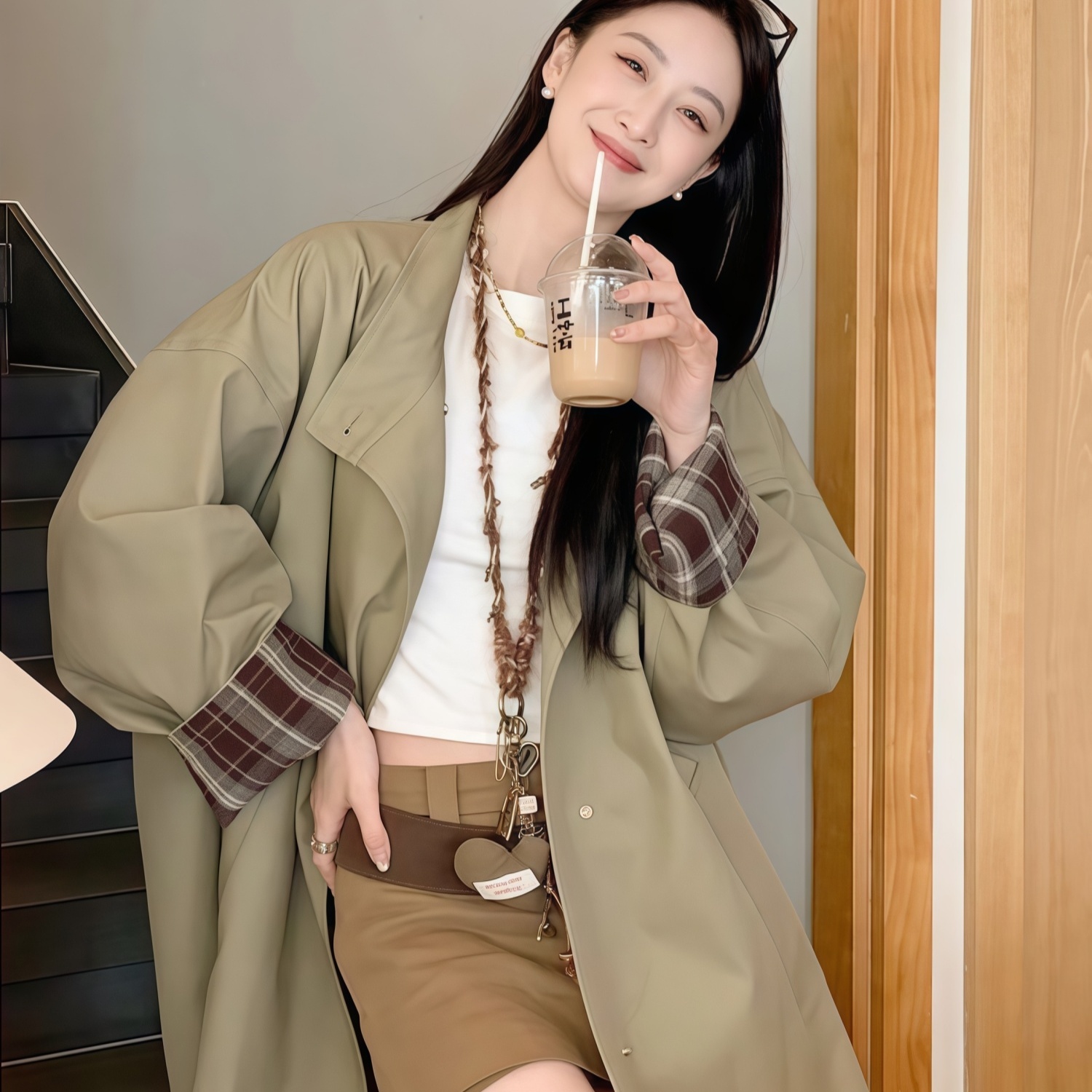 FF格纹拼接工装风衣外套2025新款女春秋撞色高级感英伦风大衣