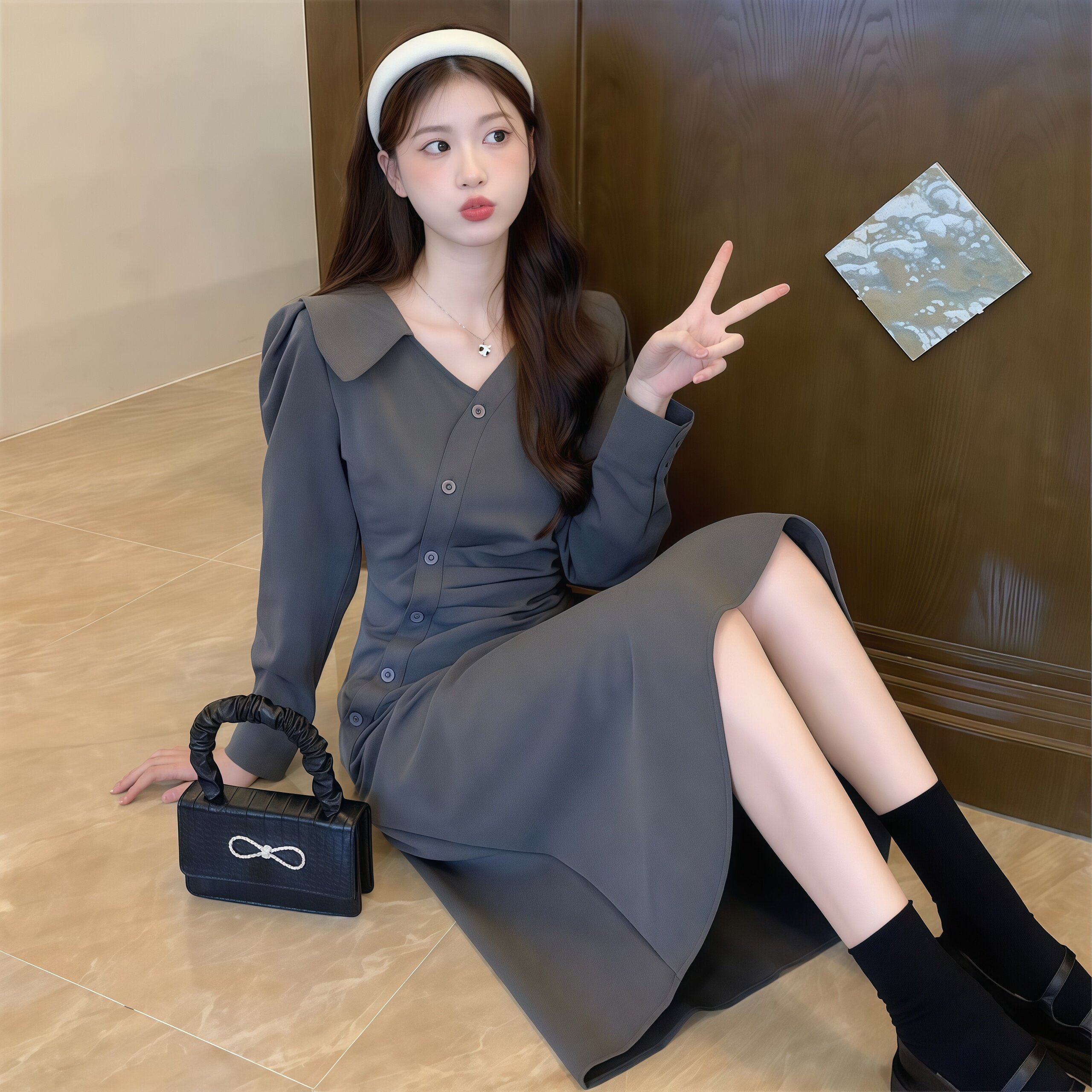 HF 2026新款赫本风法式白裙长袖连衣裙女收腰气质显瘦中长裙