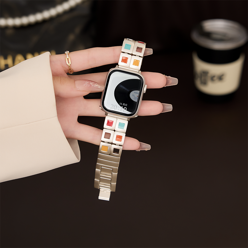 适用于苹果s10手表s9表带iwatch8夏季新款彩色小方块s7时尚小众applewatch星光s6金属创意女生表链se气质腕带