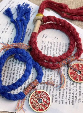 新中式山鬼花钱手链手搓棉线藏式手绳朱砂山鬼花钱手绳藏手工