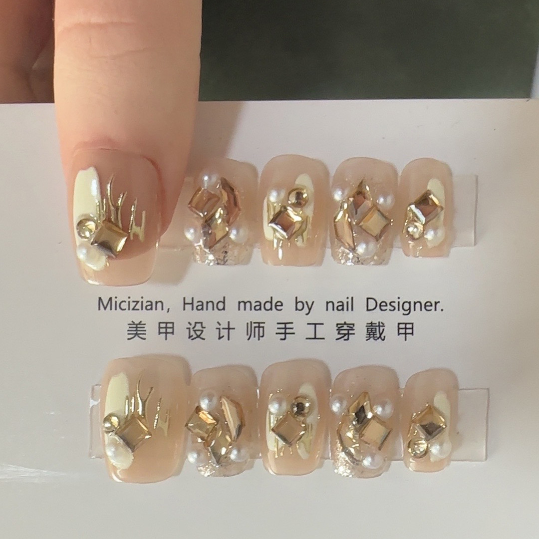 【香槟堆钻】猫眼纯手工穿戴甲指甲贴片美甲假指甲3102#金箔