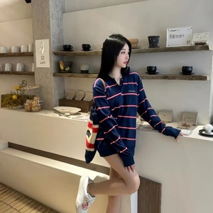 现货正确版本M缪家网红款刺绣字母条纹男女翻领长袖上衣T恤POLO衫