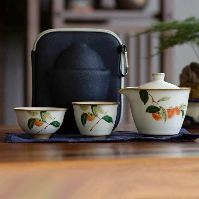 复古汝窑开片柿子快客杯一壶二杯 陶瓷功夫茶具套装便携旅行茶具