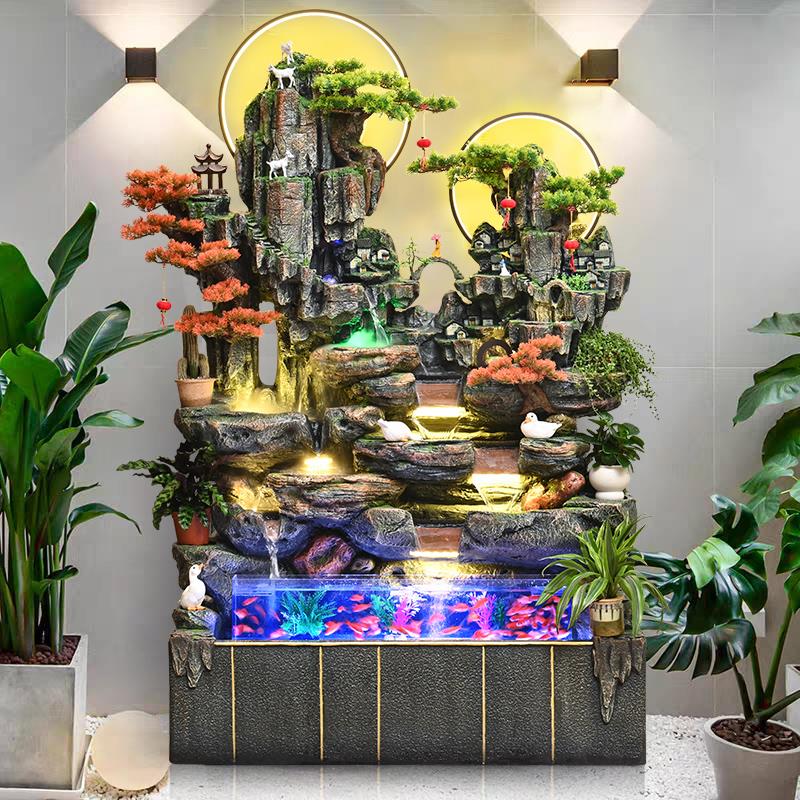 大型假山流水喷泉落地鱼缸客厅玄关风水轮高山风车循环水开 业摆
