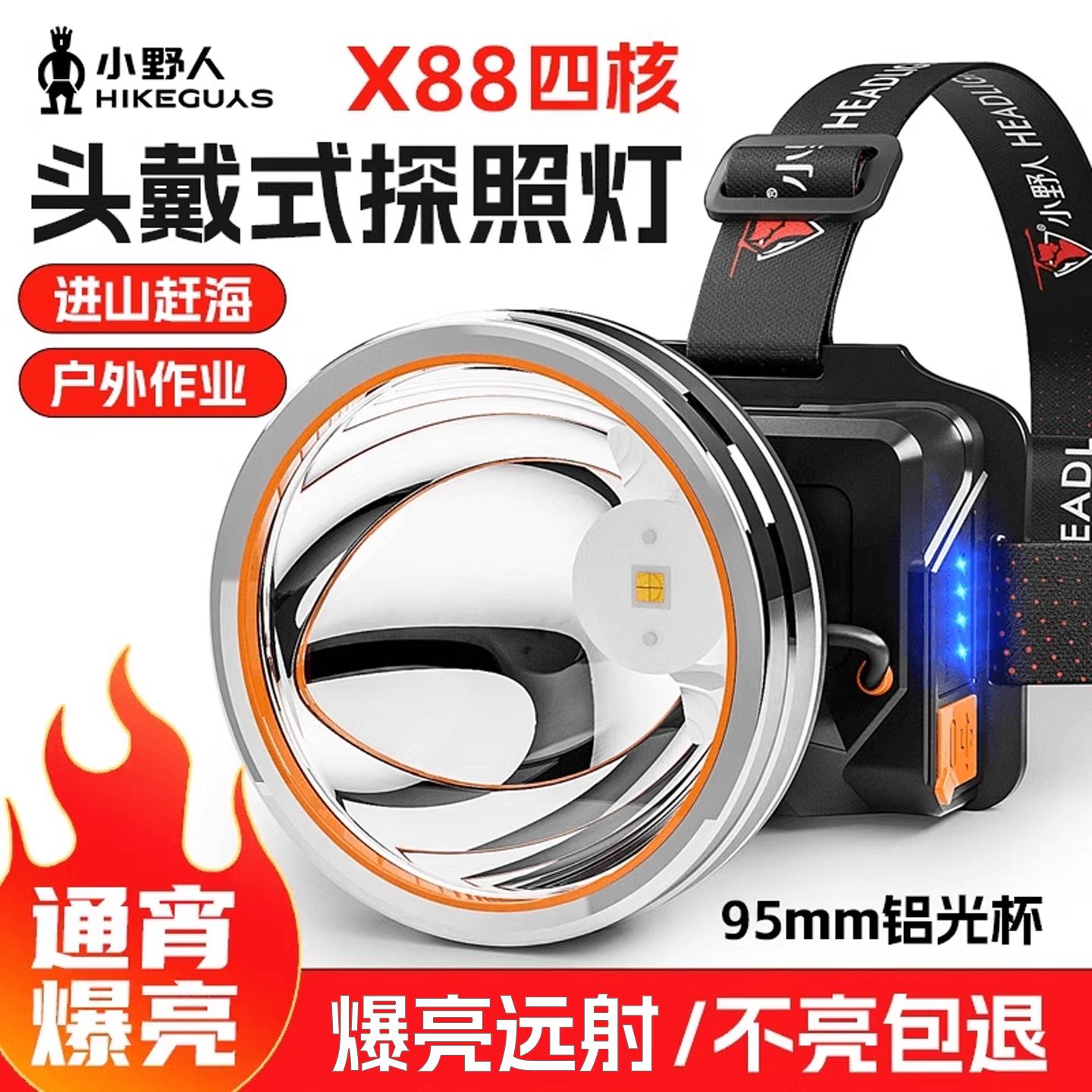 小野人头灯超长续航100小时强光充电超亮头戴式感应夜钓鱼氙气灯