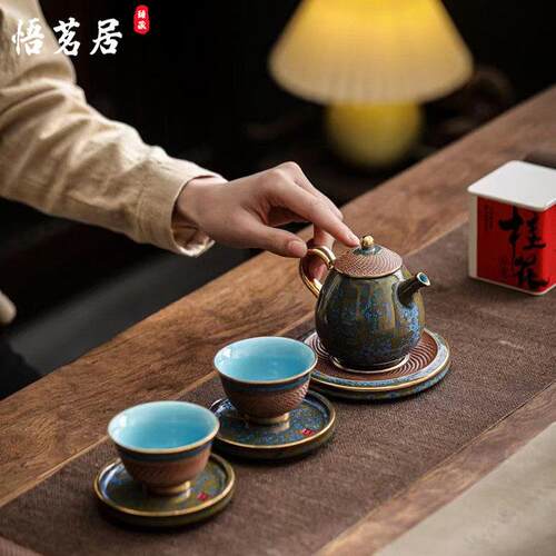 张金溪钧瓷功夫茶具套装家用窑变釉轻奢高档泡茶壶杯子便携式礼盒
