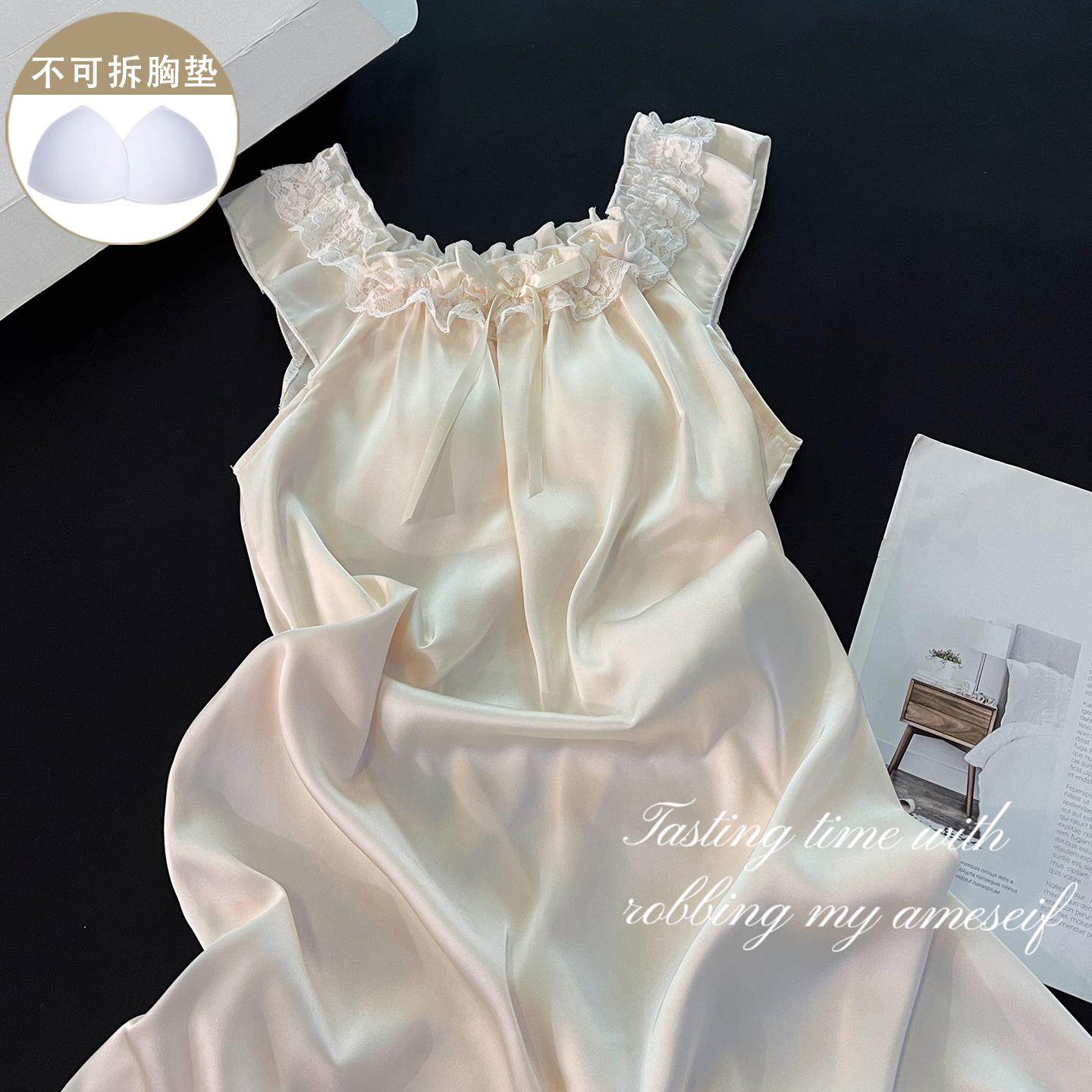 网红ins宫廷风睡衣睡裙女新款夏季冰雪丝绸背心凉感带胸垫家居服