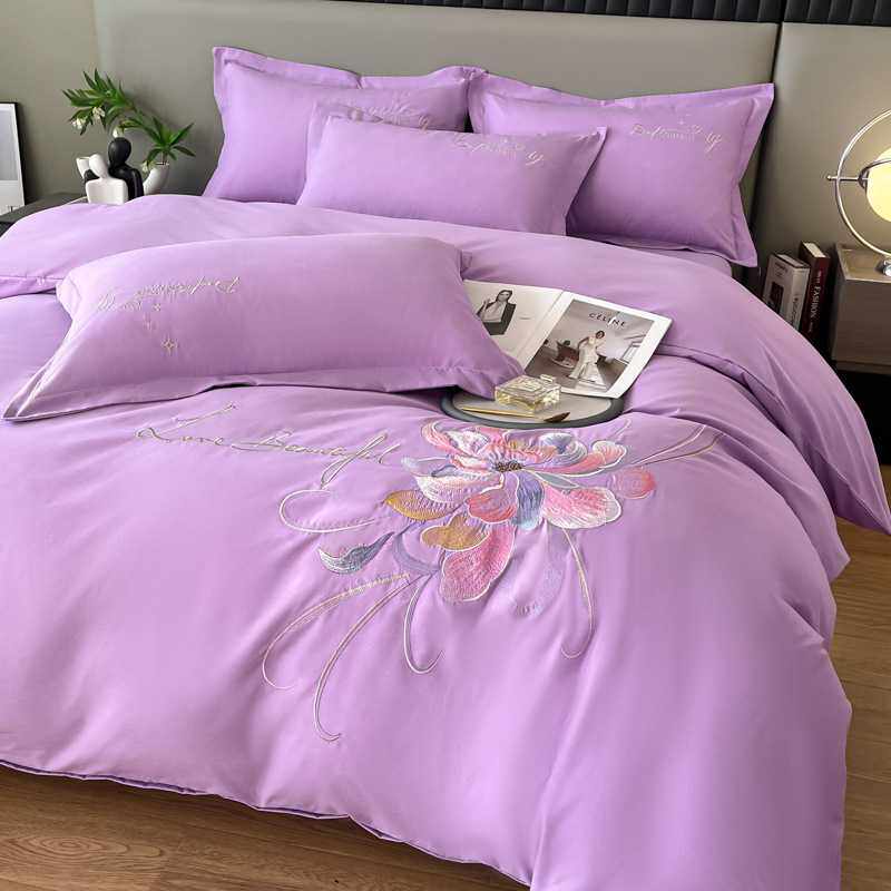 纯色磨毛绣花床上用品四件套床单床品被套双人纯色被套床单