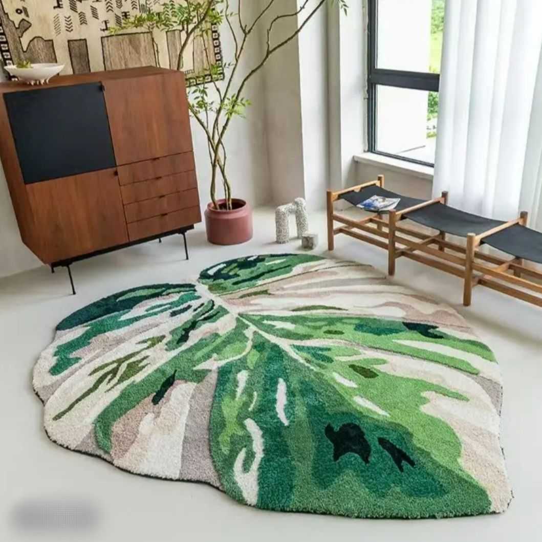 北欧风龟背竹树叶植绒地毯客厅卧室绿色床边毯抽象装饰长寿艺术垫