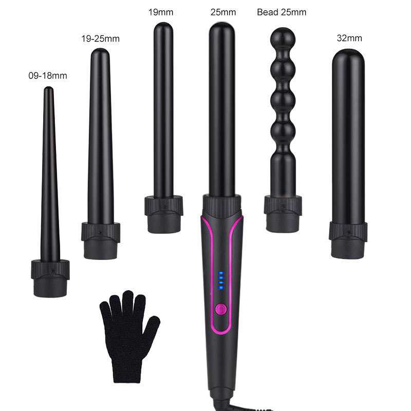 亚马逊新款换头卷发棒蛋卷棒多管LED多档调温6合1卷发器组合工厂