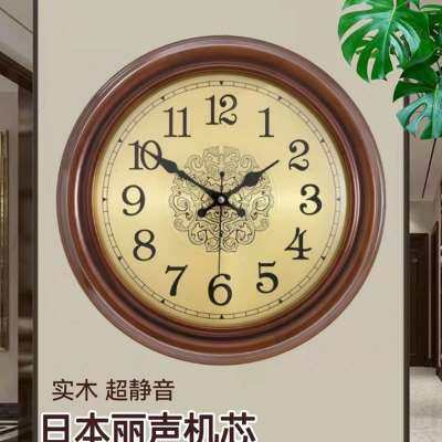 K6WY实木轻奢挂钟客厅钟表中式美式石英静音时钟简约现家用挂墙