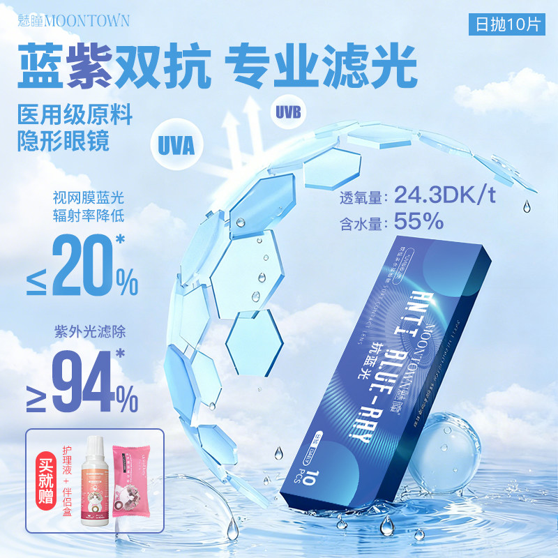 25新款日抛10片防蓝光疲劳隐形眼镜近视高透氧抗UV透明蓝片女款