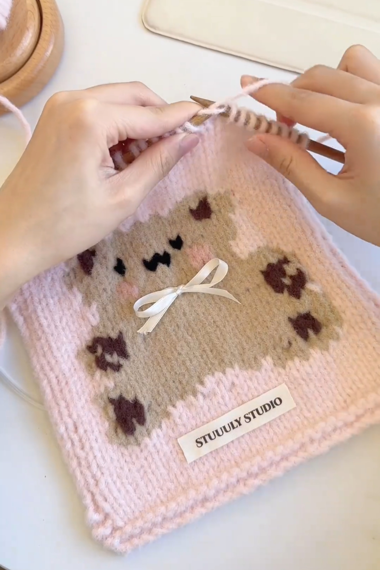 粉色甜美可爱小熊蝴蝶结围巾糯米线新款冬季毛线diy编织材料包