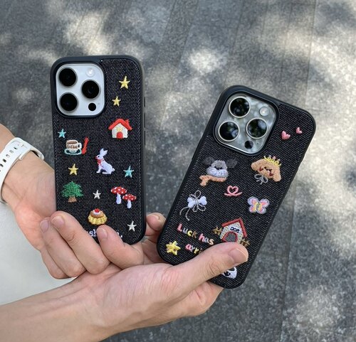 牛仔刺绣狗狗16promax手机壳卡通可爱iphone15pro max网红14