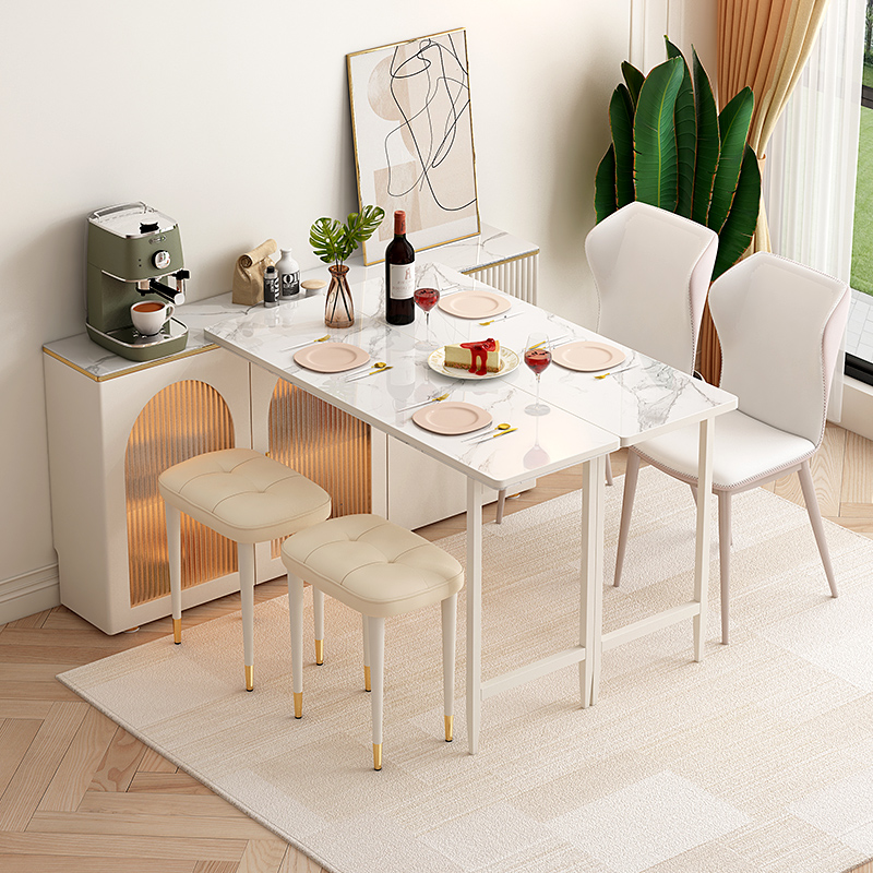 岩板折叠餐桌餐边柜组合一体家用小户型简约可伸缩旋转餐桌椅吧台