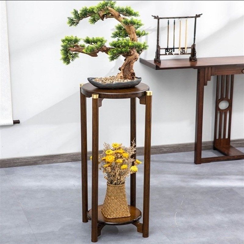 新中式仿古室内落地花架子客厅实木圆形花几盘景台花瓶装饰置物架