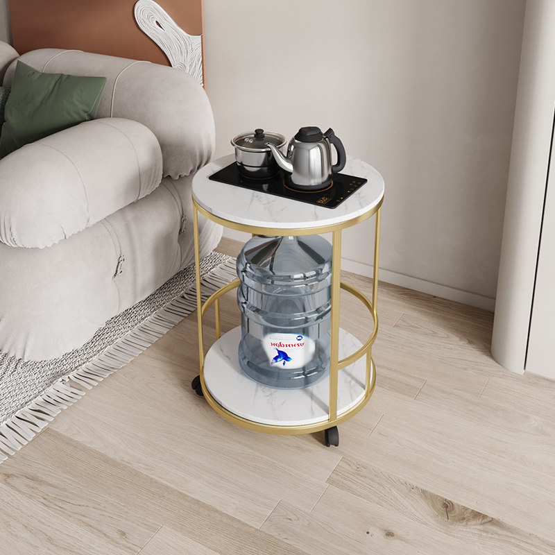茶桌圆形大理石移动茶台烧水壶一体茶水柜桶装水收纳架边几泡茶桌