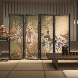 画}新中式 仕女画 古典屏风隔断客厅茶室民宿酒店背景实木覆古风折