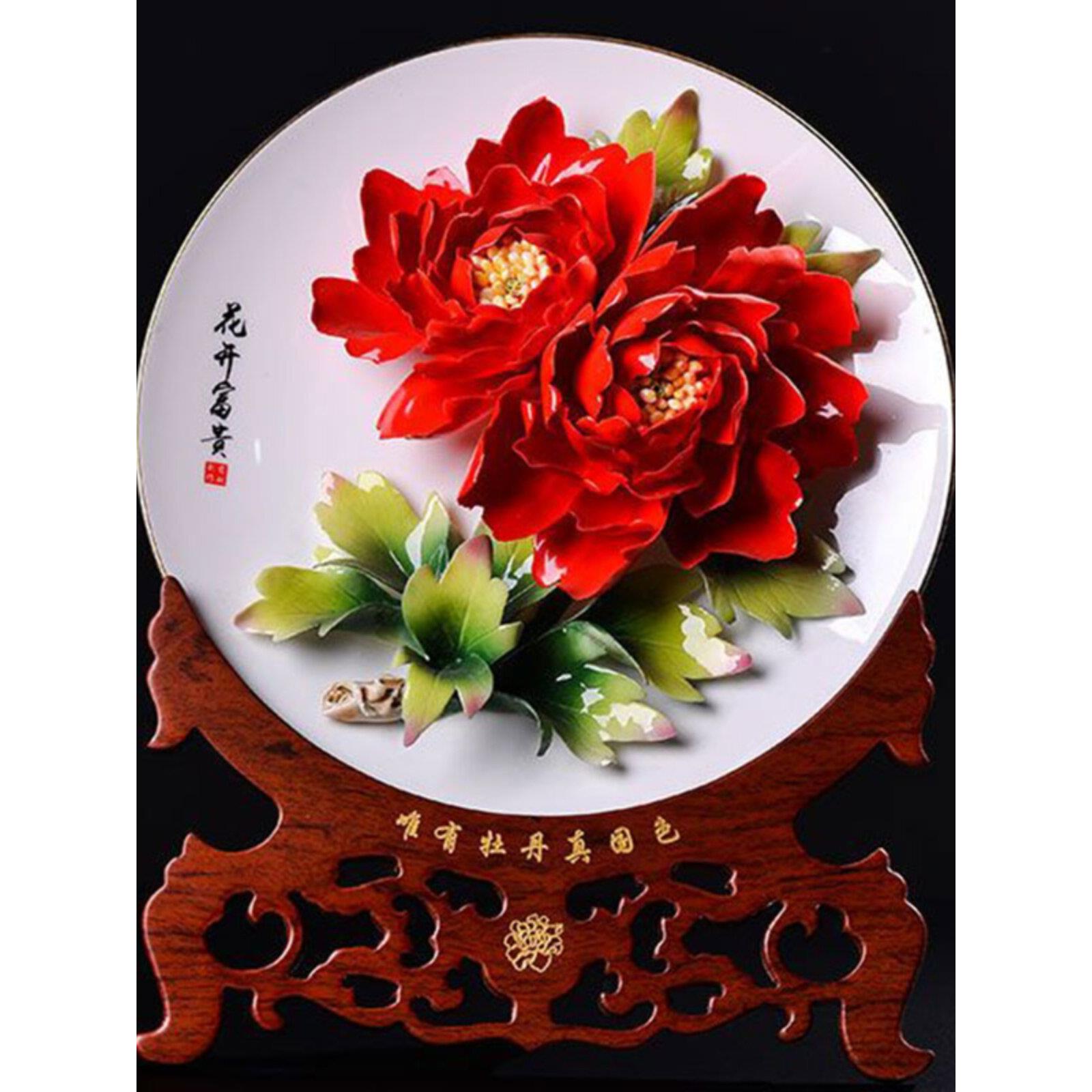 纯手工牡丹瓷盘摆件，客厅装饰工艺品，乔迁，结婚礼品，现代中国