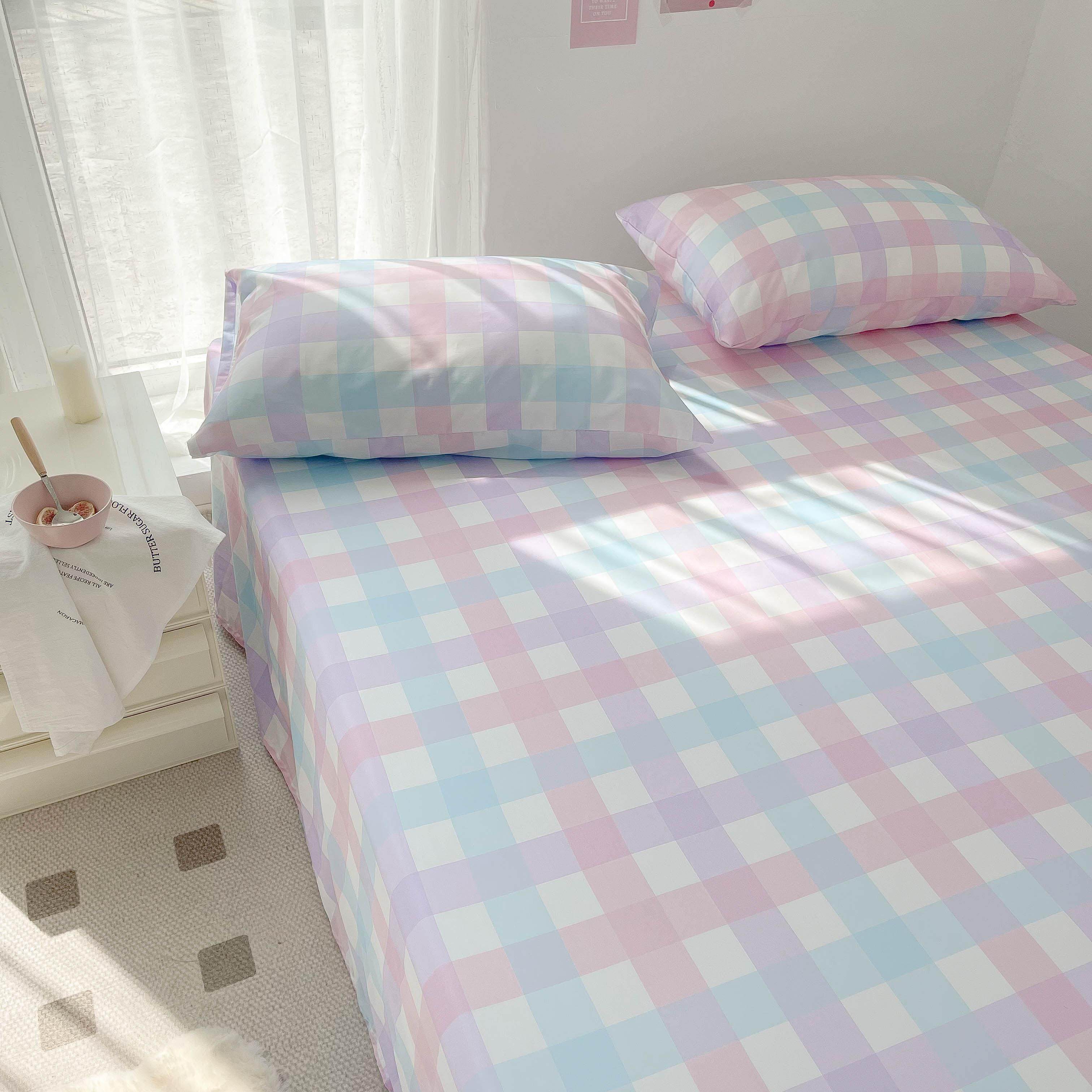 格子的秘密｜JK粉紫色格纹舒服全棉纯棉床单床笠被单 ins韩风网红