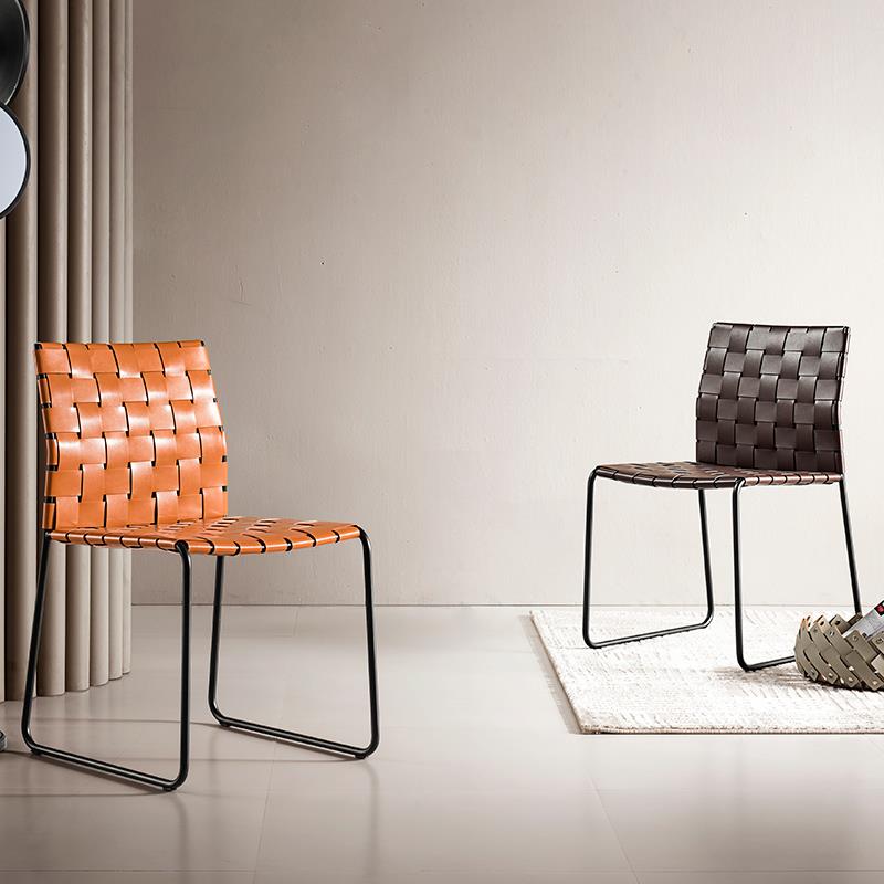 意式极简餐椅家用现代简约设计师轻奢高级感不锈钢马鞍皮编织椅子