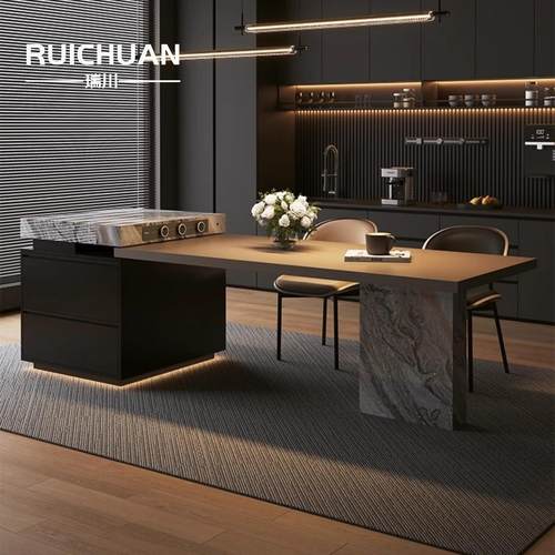 意式极简岩板岛台餐桌一体可伸缩家用倒台现代轻奢高端导台中岛台