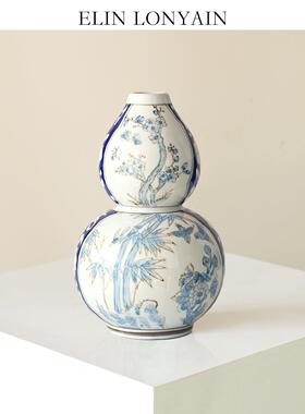 珑衍家居新中式手绘青花瓷【双清福禄】陶瓷葫芦花瓶玄关摆件花器