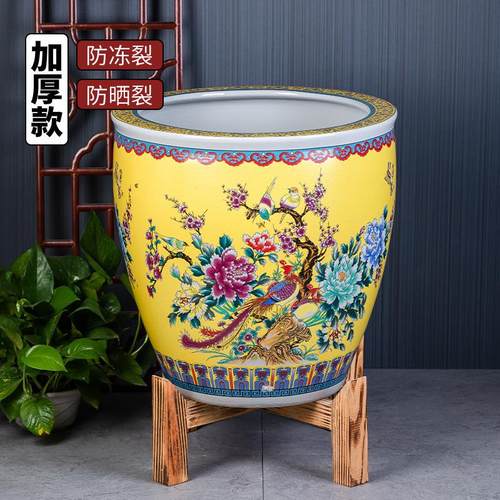 景德镇黄釉粉彩陶瓷古法养金鱼缸加高荷花老式水缸庭院客厅书画缸