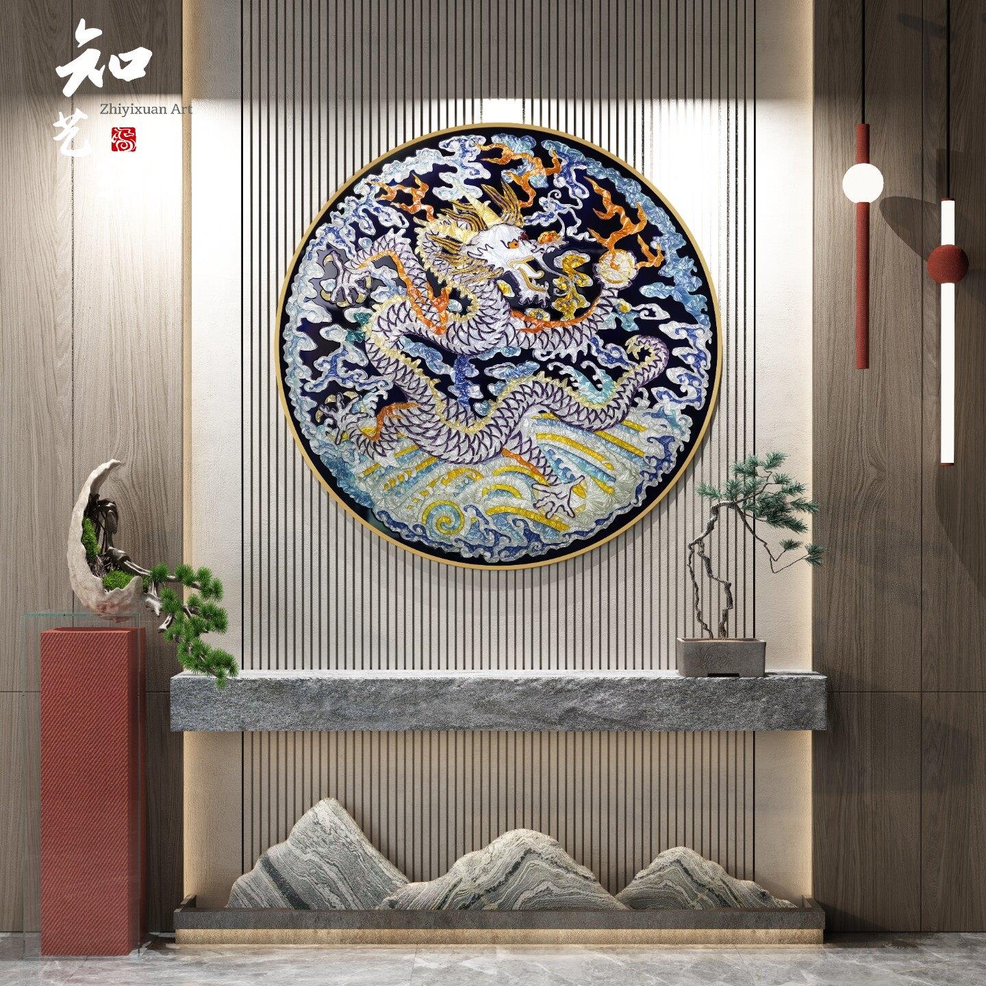 高档手绘珐琅彩装饰画玄关轻奢挂画客厅沙发背景墙立体圆形图腾龙