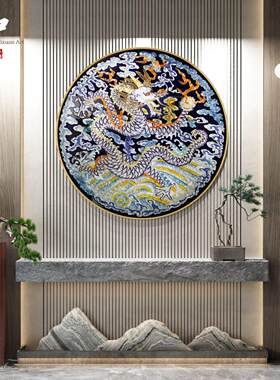 高档手绘珐琅彩装饰画玄关轻奢挂画客厅沙发背景墙立体圆形图腾龙