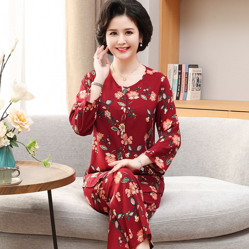 棉绸睡衣女春夏季长袖长裤两件套装中老年绵N绸人棉家居服女可外