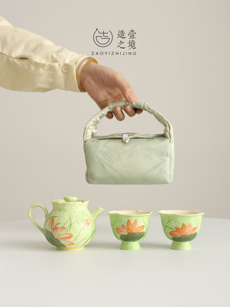 采购产品妇女旅行茶具，一壶两杯，手提式户外露营式茶具，布袋，