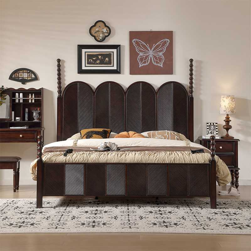 法式复古实木床中古风主卧1米8大床简约罗马柱雕花双人床高端婚床